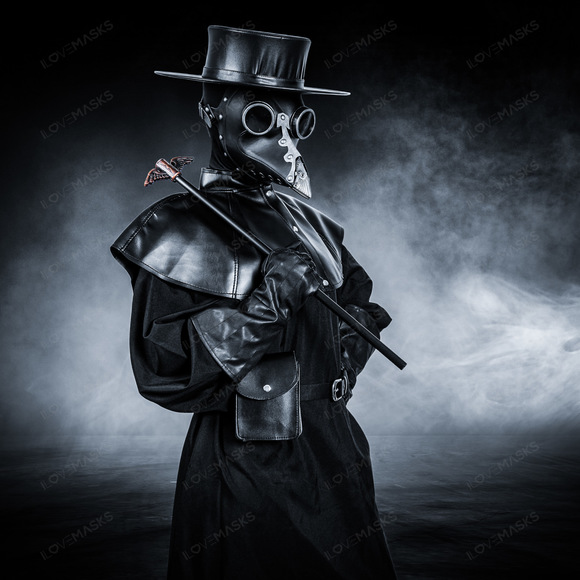 Plague Doctor Full Costume Robe Mask Hat Set - Black Silver - Picture 5 of 6